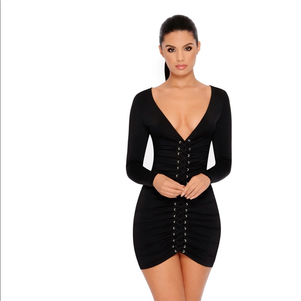 One Track Mind Lace Up Ruche Mini Dress in Black
